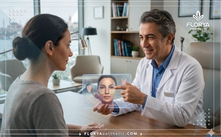 Professional doctor discussing the Risks of Cheek Lift in Turkey using an advanced transparent digital tablet.