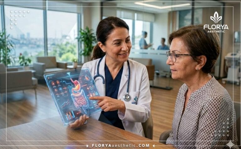 Doctor profesional mostrando los Riesgos del cruce duodenal en Turquía en una tableta digital.