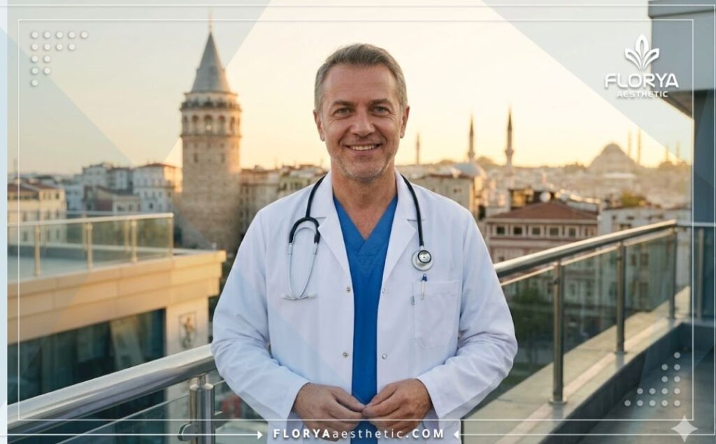 طبيب يرحب بالمرضى في إسطنبول لإجراء زراعة الشعر مع خلفية لجسر البوسفور.