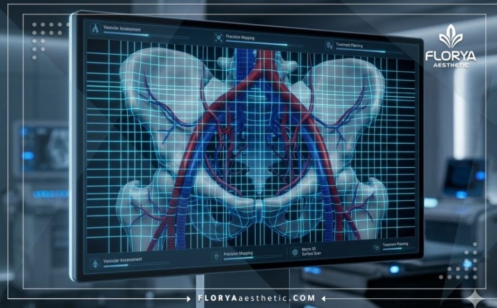 High-tech digital 3D surface scan of the pelvic vascular region for precision treatment planning.