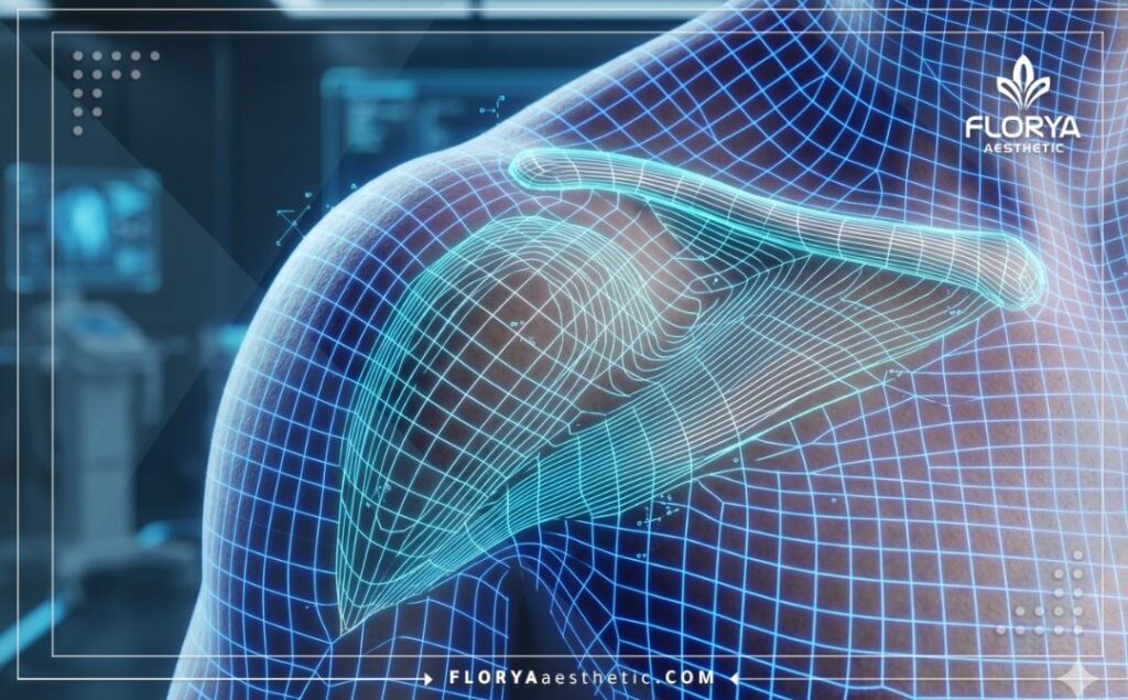 مسح رقمي ثلاثي الأبعاد دقيق لمفصل الكتف يوضح تقنيات جراحة العظام المتقدمة في اسطنبول.