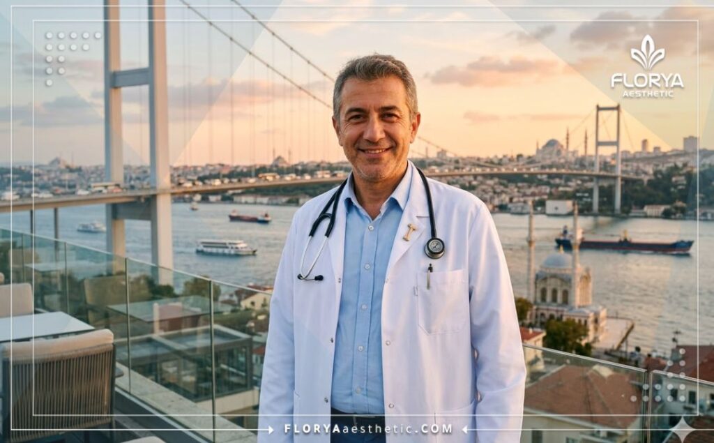 طبيب عظام ودود يرحب بالمرضى في اسطنبول مع خلفية لجسر البوسفور للسياحة العلاجية.