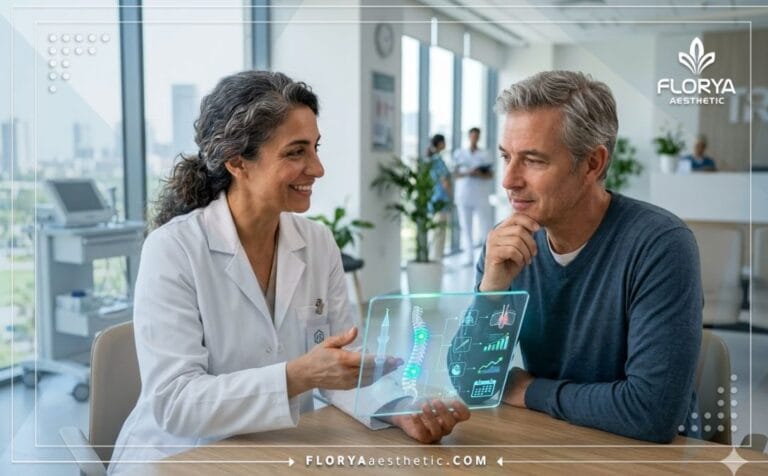 Specialist showing a digital plan for Spinal Injections in Turkey on a futuristic tablet.