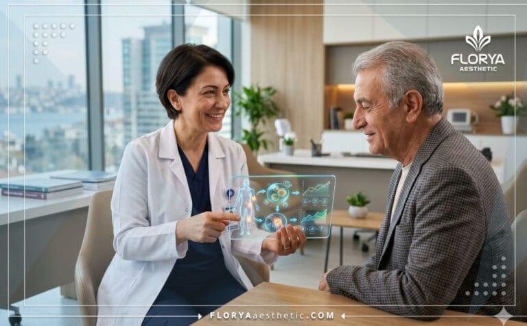 Professional doctor explaining Stem Cell Therapy in Turkey using a futuristic transparent tablet