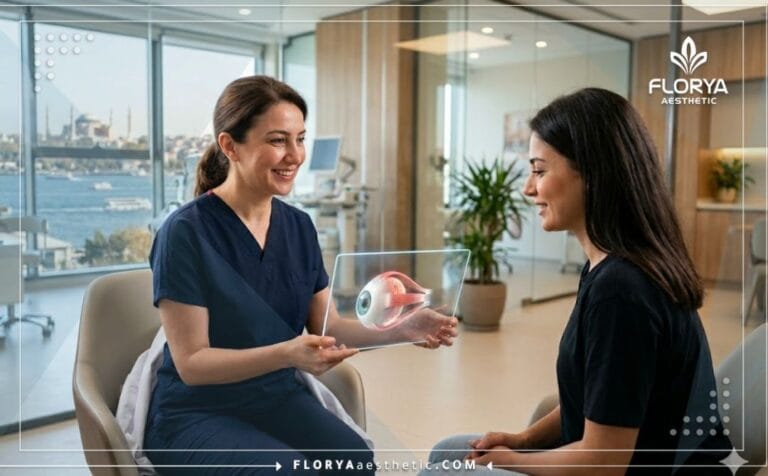 Médico profesional mostrando el plan para el Tratamiento de estrabismo con Botox en Turquía en una tableta transparente.