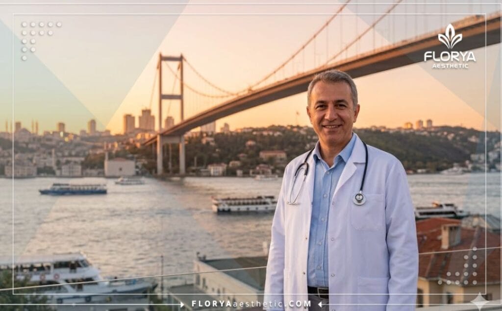طبيب ودود يرحب بالمرضى في اسطنبول مع خلفية مميزة لبرج غلطة