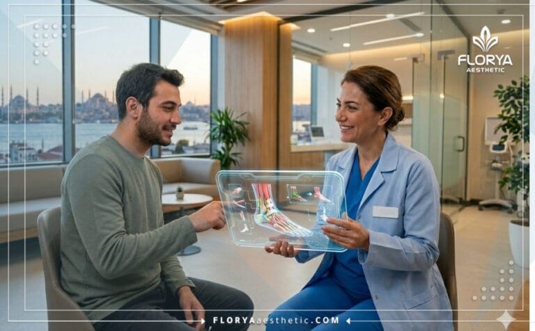 Professional orthopedic doctor holding a futuristic tablet planning a Tendon Lengthening Surgery in Turkey.