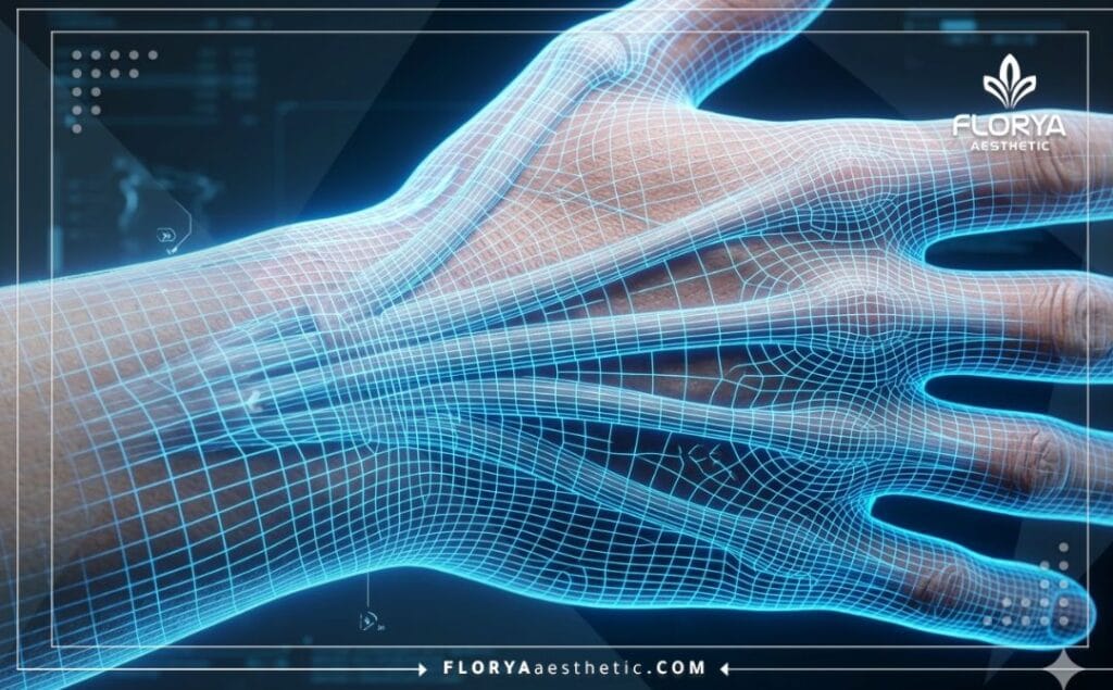 Escáner 3D detallado y futurista de los tendones del brazo y la mano