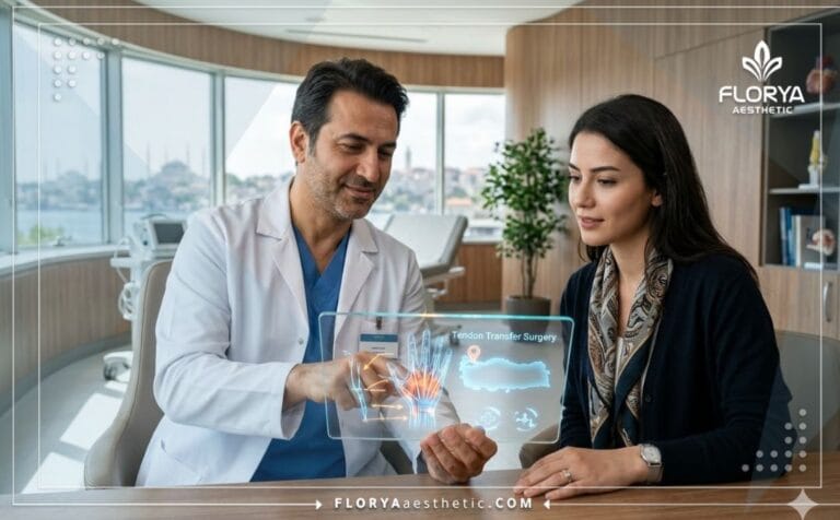 Doctor explaining Tendon Transfer Surgery in Turkey using a transparent digital tablet