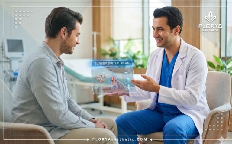 Doctor mostrando el plan digital de Prótesis Testicular en Turquía a un paciente.