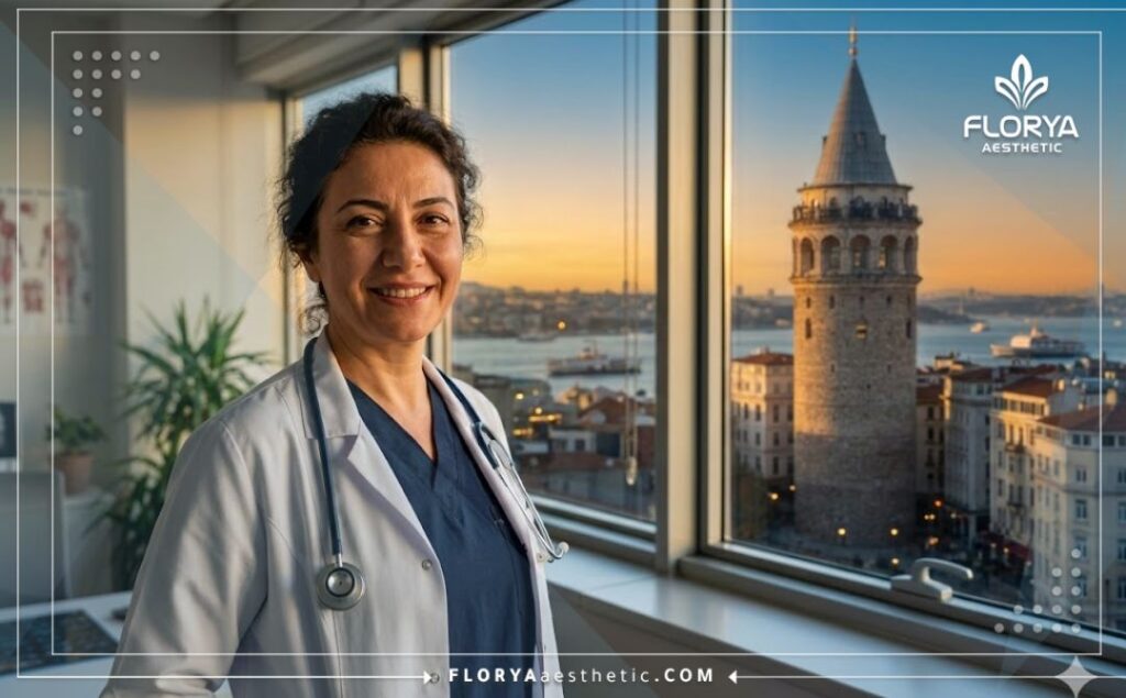 Friendly medical specialist welcoming a patient to Istanbul with the Galata Tower in the background.