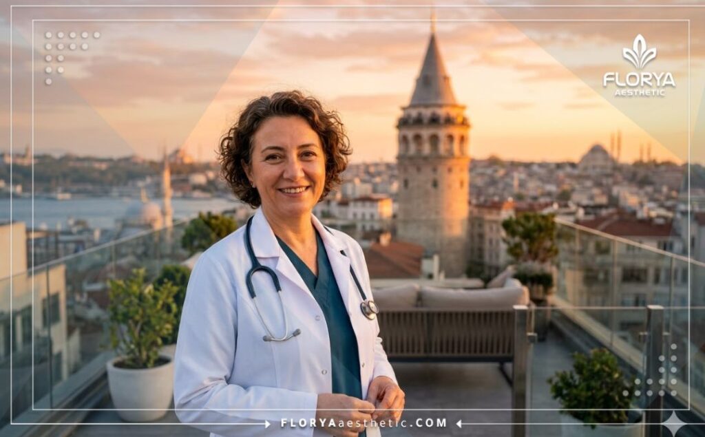 طبيب ودود يرحب بالمرضى في اسطنبول مع خلفية خلابة لجسر البوسفور.