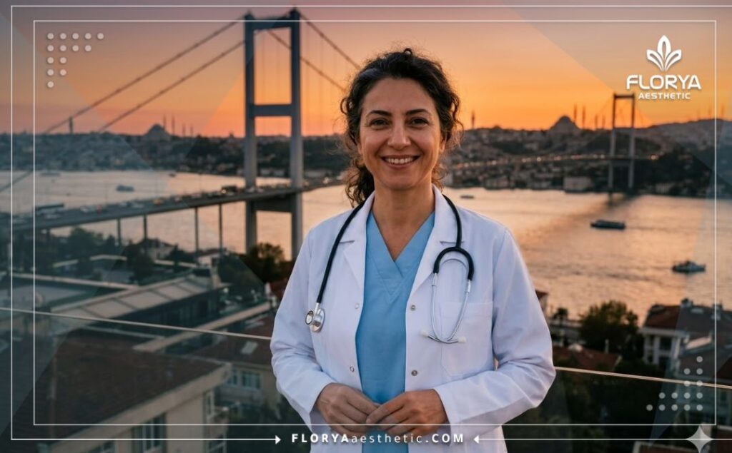Friendly medical professional in Istanbul with the Bosphorus landmark.