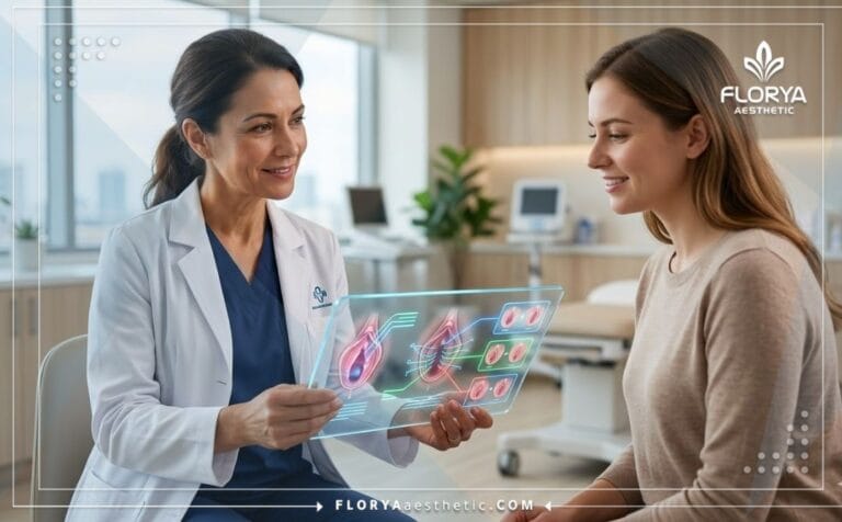 Doctora explicando los Tipos de himenoplastia mediante una tableta digital avanzada.