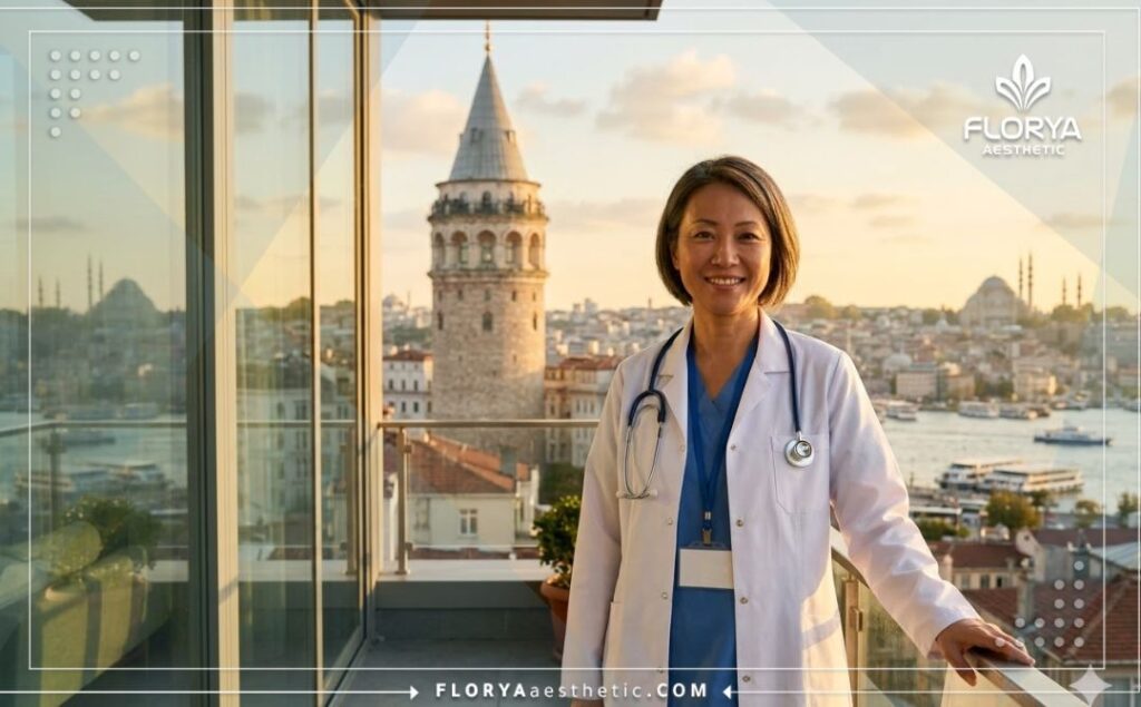 طبيب تجميل مبتسم وخلفه جسر البوسفور في اسطنبول