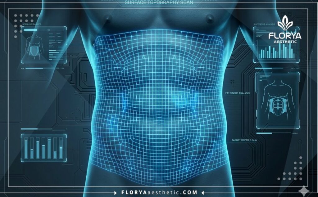 Scanner 3D numérique de la zone abdominale montrant la précision du ciblage des graisses.