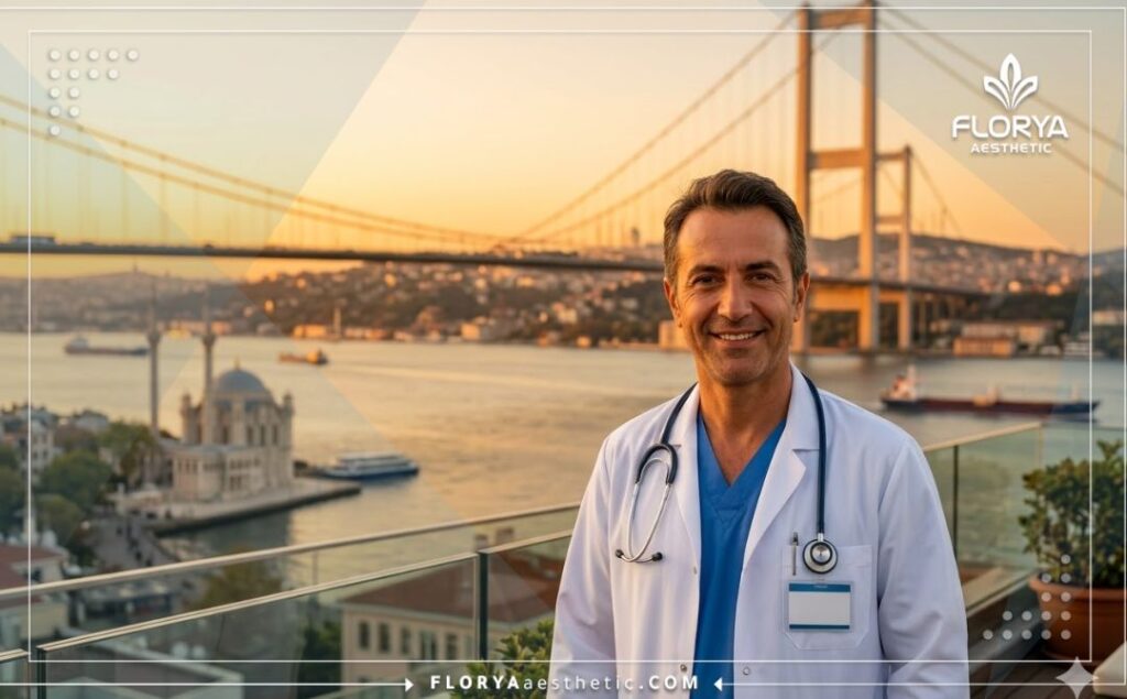 Chirurgien esthétique accueillant devant le pont du Bosphore à Istanbul.