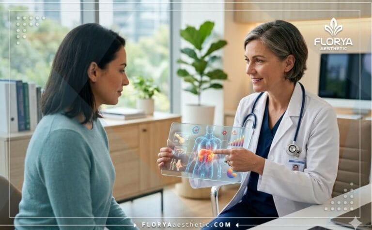 Doctor using a digital tablet to explain Ultrasonic Liposuction Risks safely to a patient