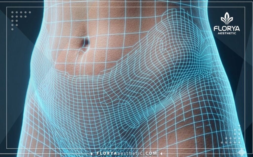 High-tech digital 3D mesh scan focusing on targeted fat removal areas.