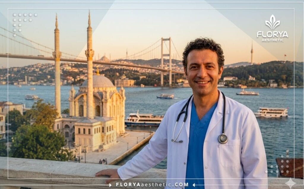 Welcoming doctor standing in front of the Bosphorus Bridge in Istanbul.