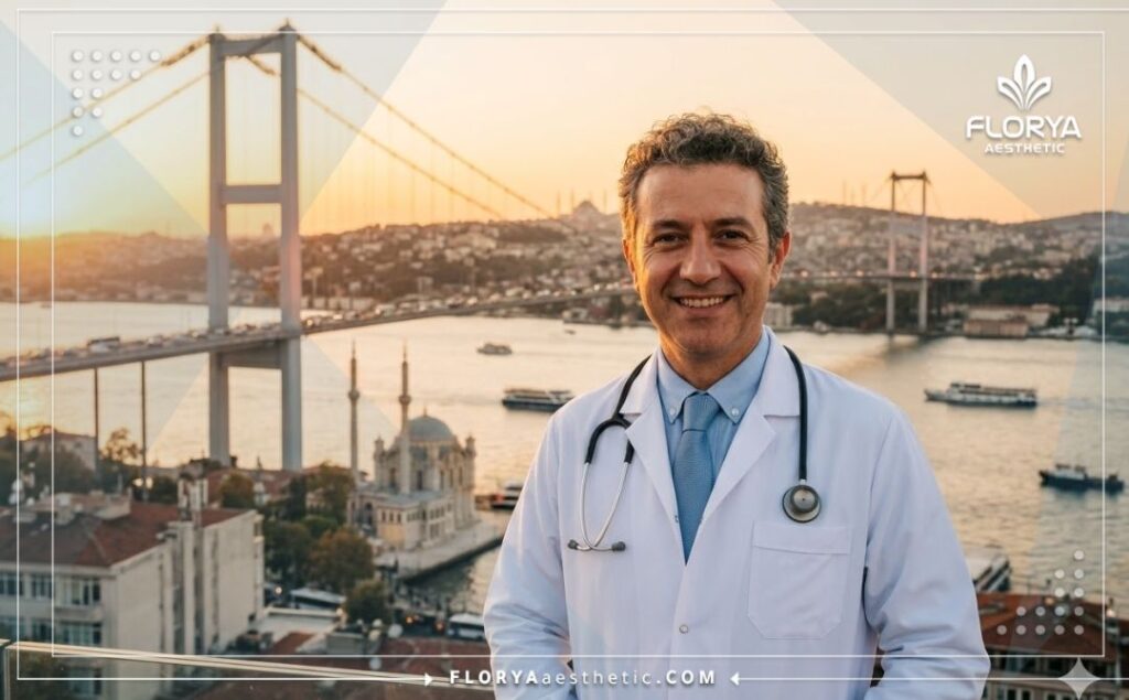 Приветливый врач в Стамбуле на фоне Босфорского моста.