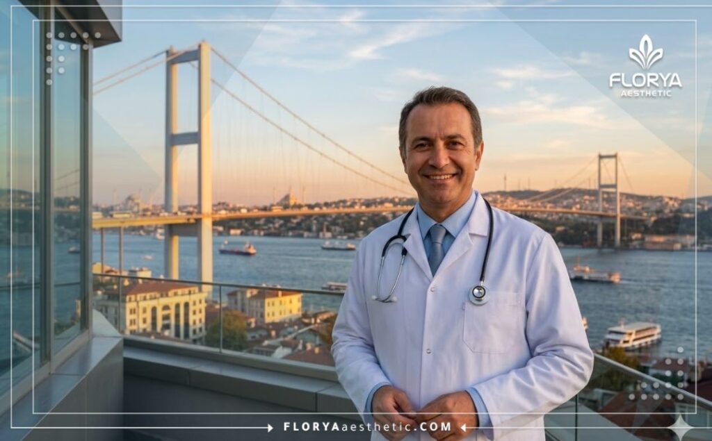 Friendly and welcoming urology doctor standing in front of the Bosphorus Bridge in Istanbul.