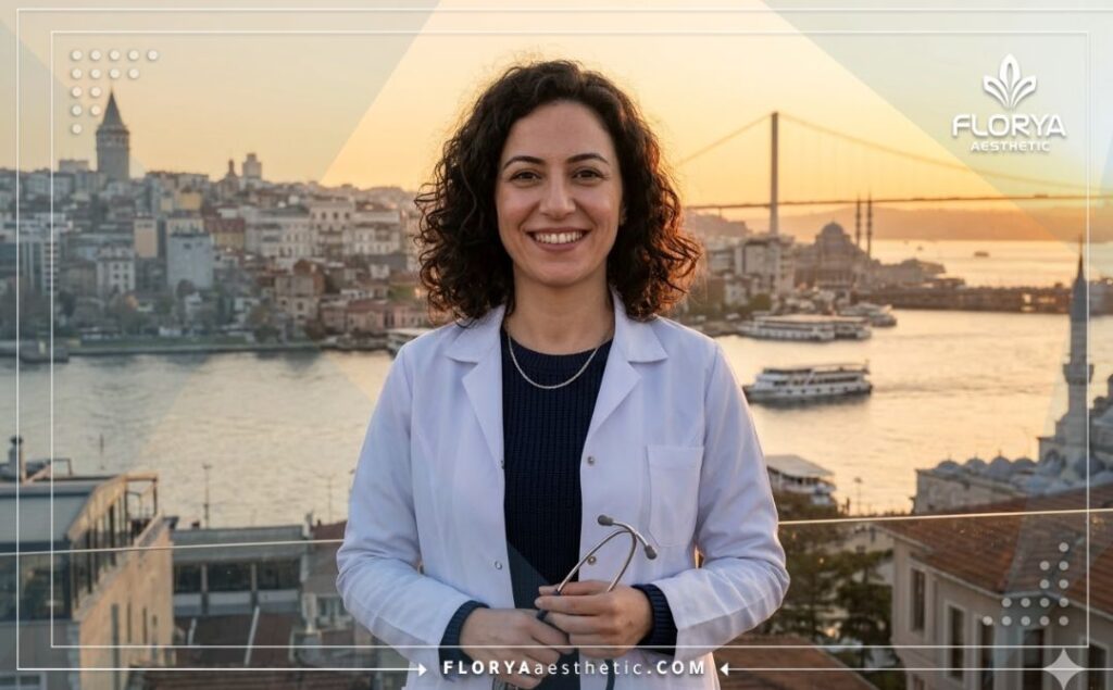 Welcoming medical professional standing before Istanbul landmarks.