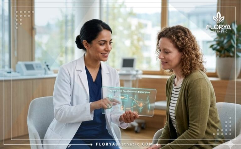 Doctor showing the Vaginal Skin Tag Removal digital treatment plan on a futuristic tablet.