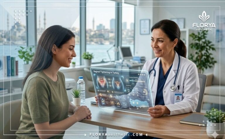 Specialist showing Vaginal Wall Laxity Treatment in Turkey plan on a digital screen.