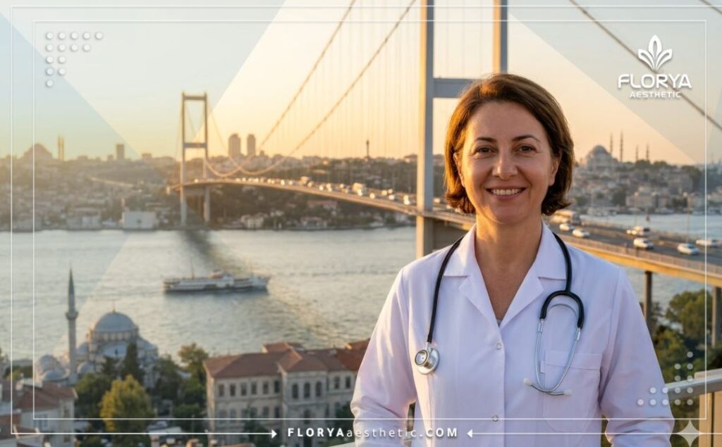 Friendly female physician standing in front of the Bosphorus Bridge in Istanbul.