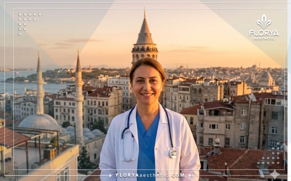 Приветливый доктор на фоне живописного моста через Босфор в Стамбуле