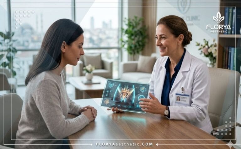 طبيب خبير يستخدم التقنيات الرقمية المتقدمة لشرح خطة حل مشكلة توسع المهبل في تركيا للمريضة