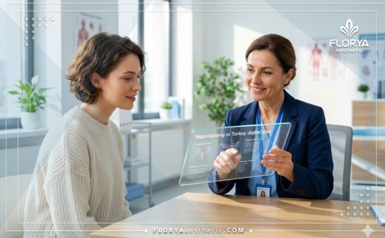 Médecin expert présentant le plan numérique pour une Vaginoplastie en Turquie sur une tablette technologique.