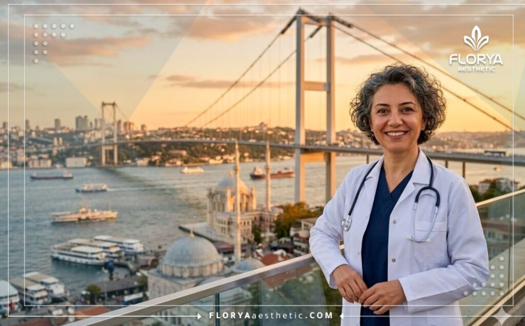 Welcoming doctor standing in front of the Bosphorus Bridge in Istanbul.