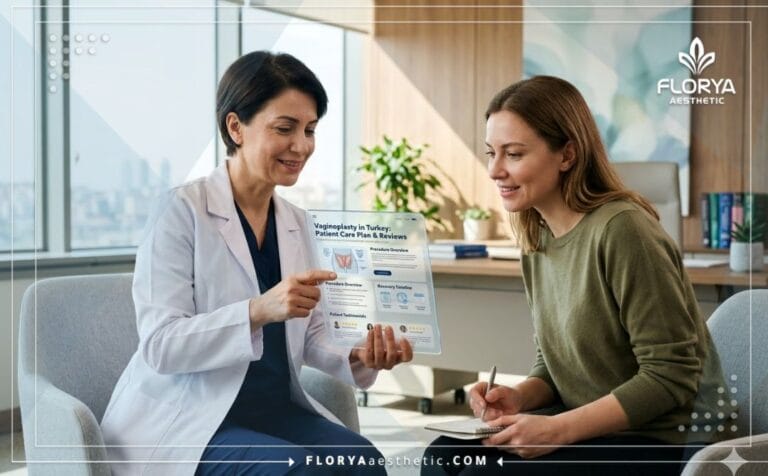 Médico revisando Opiniones de Vaginoplastia en Turquía con un paciente usando tecnología digital.