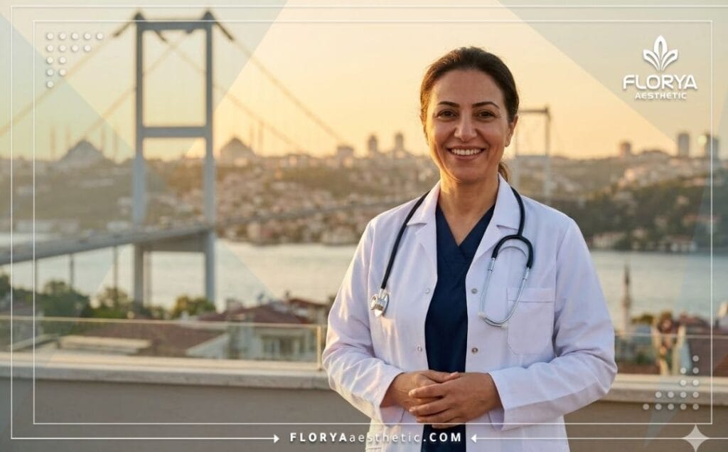 طبيب ودود يرحب بالمرضى في اسطنبول مع خلفية لجسر البوسفور