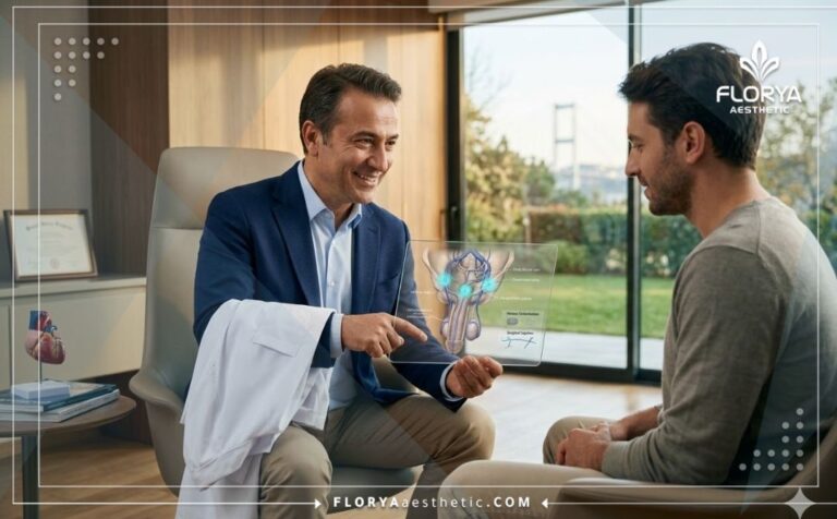 Professional doctor discussing Venous Leak Surgery with a patient using a futuristic digital tablet