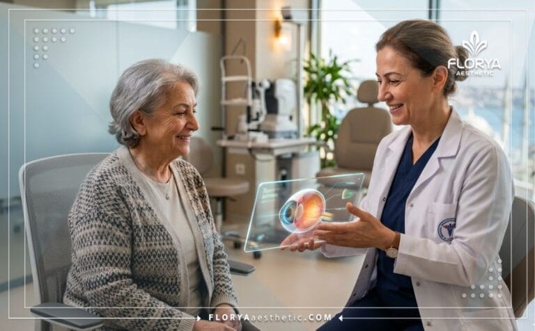 Ophthalmologist using a transparent tablet to explain Vision correction surgery for seniors in Turkey.