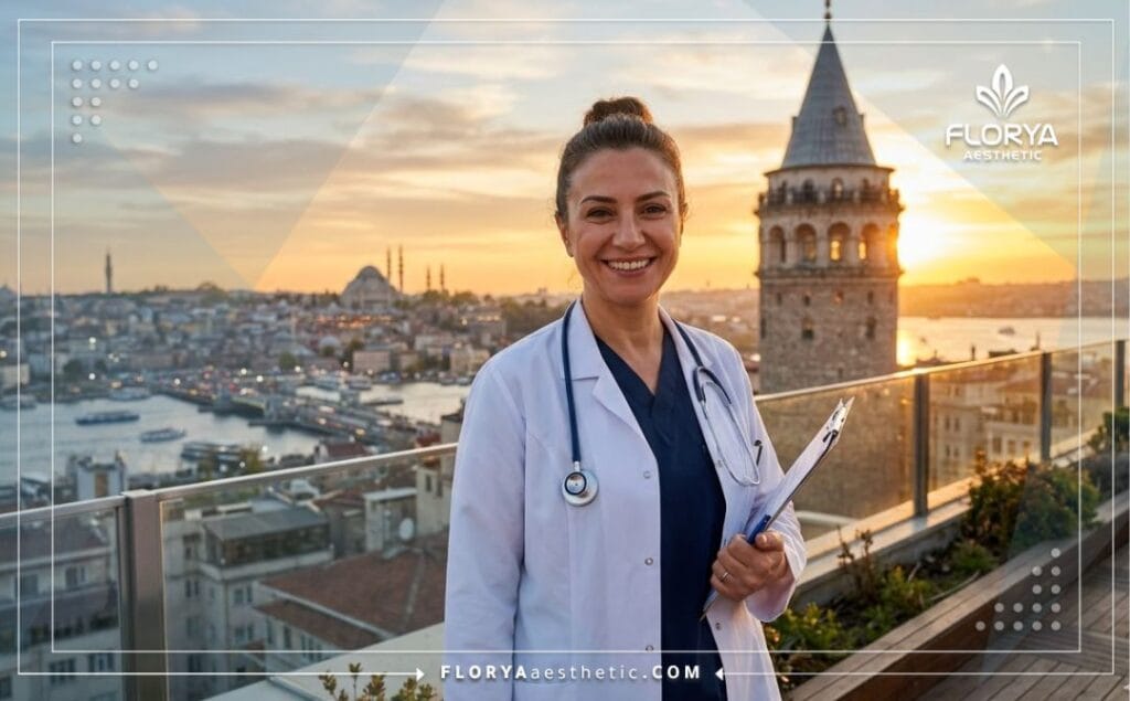 Ophtalmologiste souriant à Istanbul avec la tour Galata en arrière-plan.