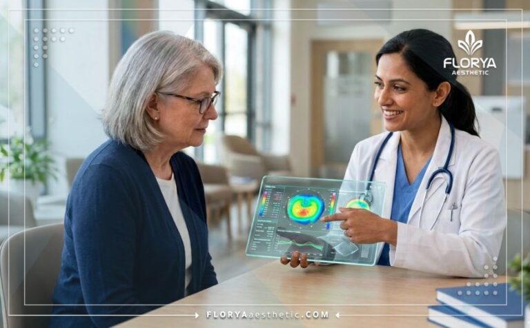 Professional doctor discussing Wavefront Vision Correction Risks in Turkey using advanced digital planning tech.