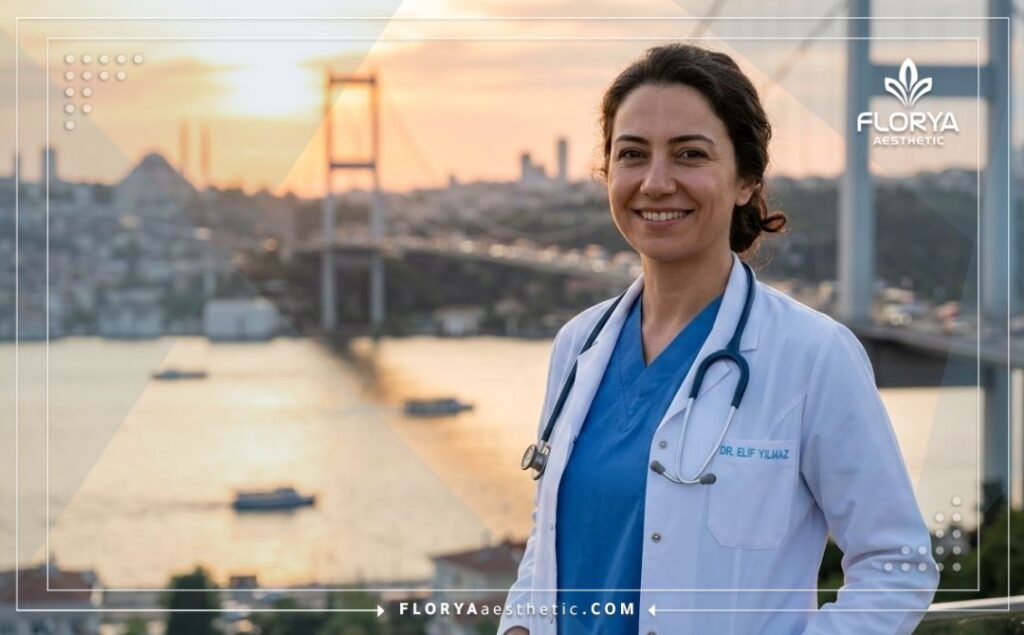 Doctor amable dando la bienvenida a pacientes con una hermosa vista de Estambul de fondo.