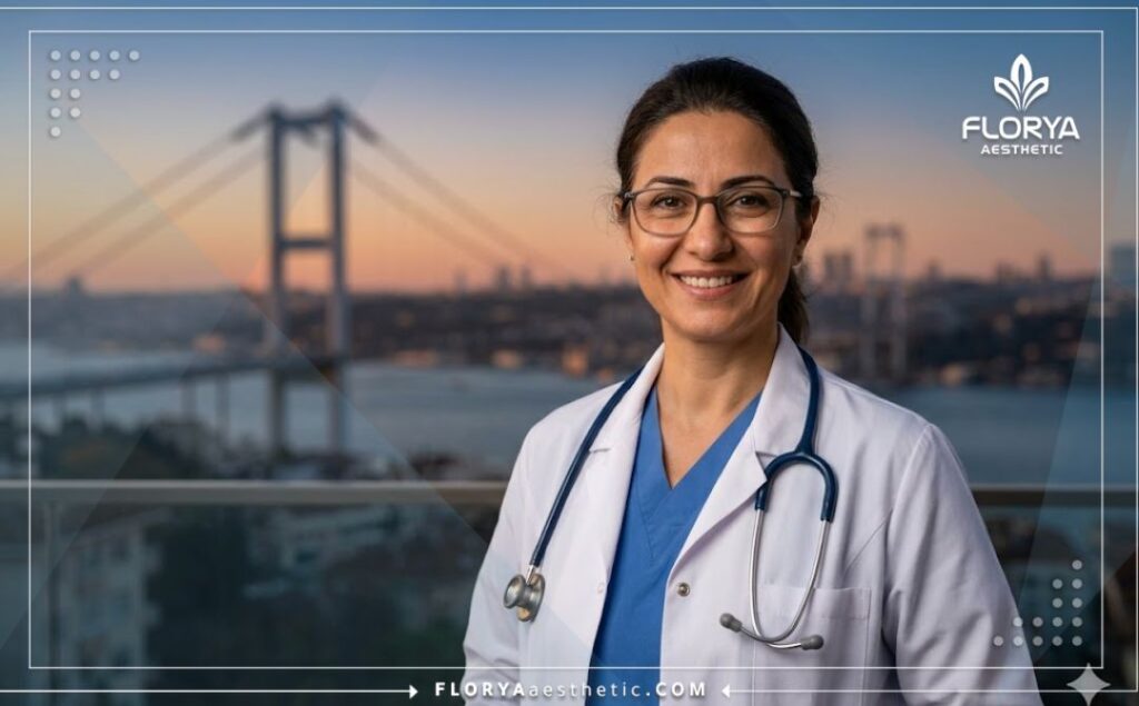 طبيب عيون يبتسم ويرحب بالمرضى مع خلفية لمعالم إسطنبول السياحية.