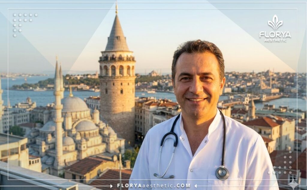 Sourire accueillant d'un chirurgien ophtalmologiste avec le pont du Bosphore à Istanbul en arrière-plan.