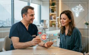 Médico especialista detallando el Precio de la cirugía de estrabismo para adultos en Turquía en una pantalla digital transparente.