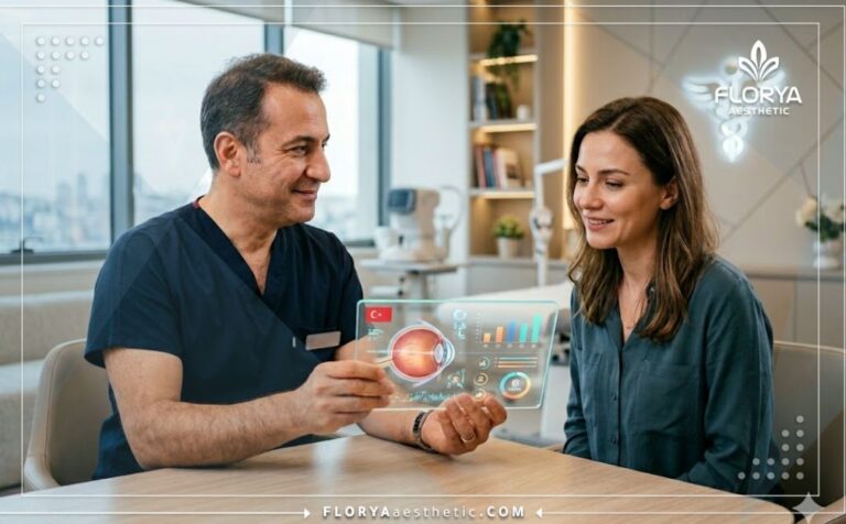 طبيب محترف يشرح سعر عملية الحول للكبار في تركيا للمريض باستخدام جهاز لوحي متطور.
