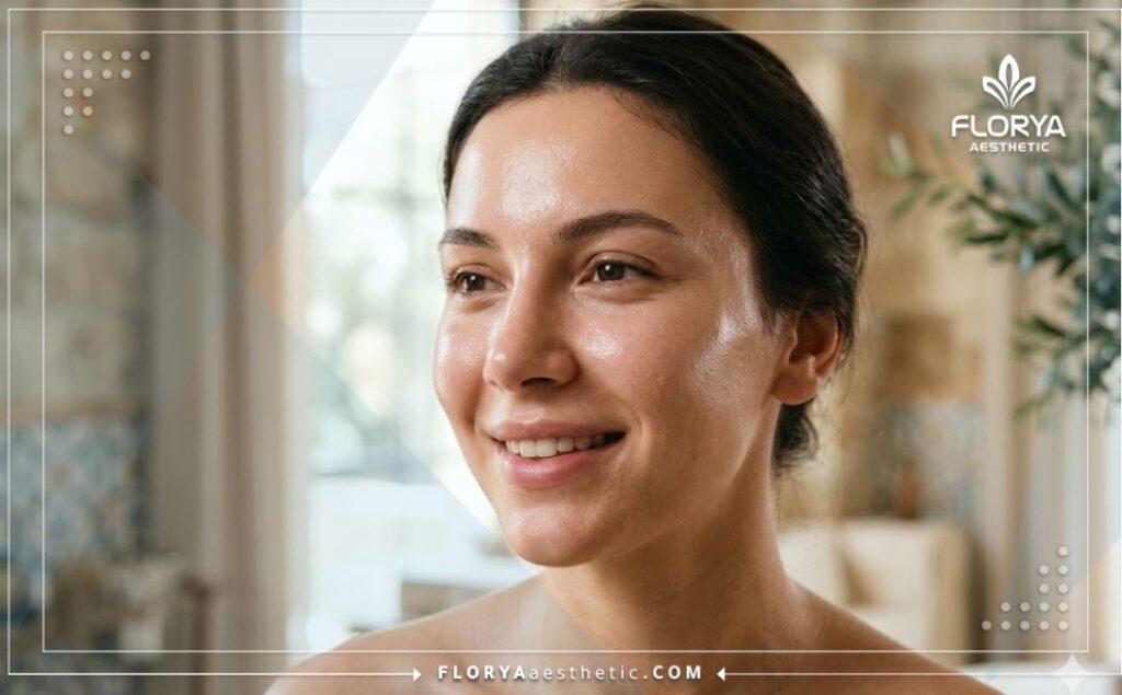 Résultat parfait et peau lumineuse après le traitement dermatologique.