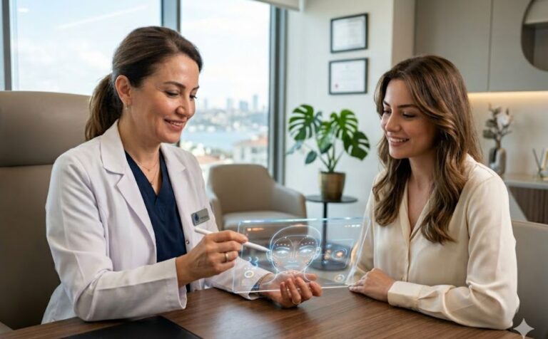 طبيب خبير يستخدم تكنولوجيا حديثة لشرح خطة حقن البوتوكس المصغر في تركيا للمريض