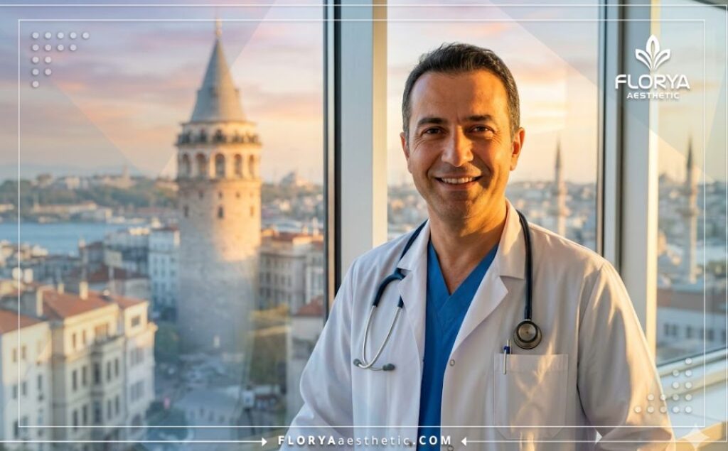 طبيب عيون مبتسم يرحب بالمرضى مع خلفية معالم إسطنبول