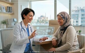 طبيب محترف يستخدم تكنولوجيا متقدمة أثناء استشارة مع دكتور عيون شاطر في إسطنبول (للحجز)