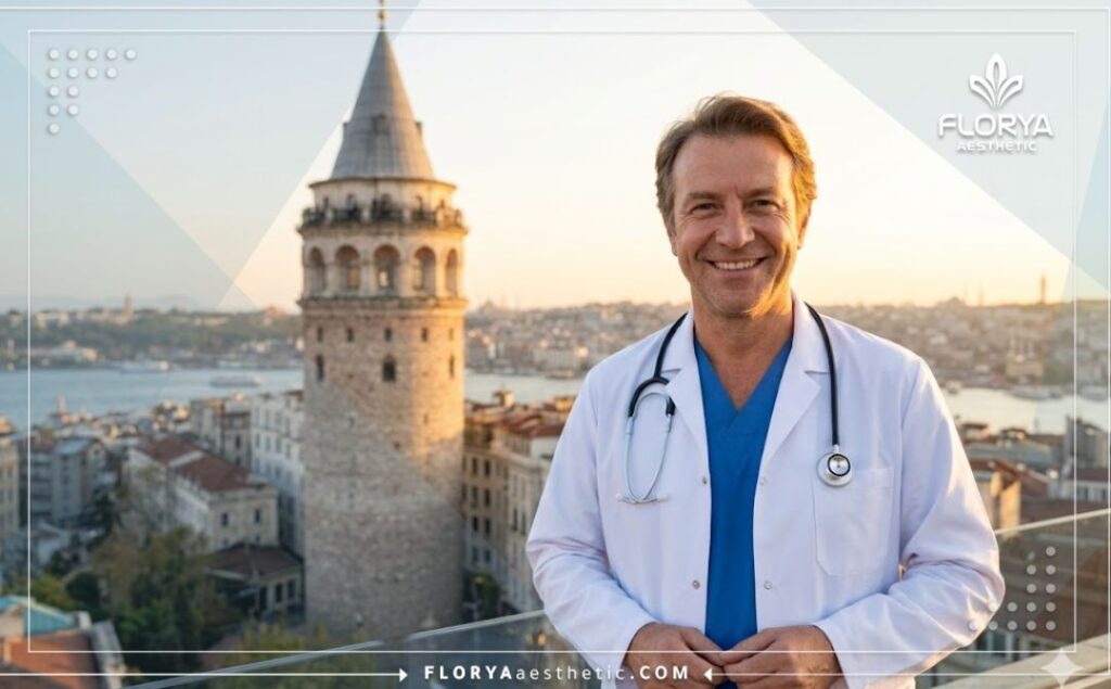 Приветливый доктор на фоне знаменитого моста через Босфор в Стамбуле